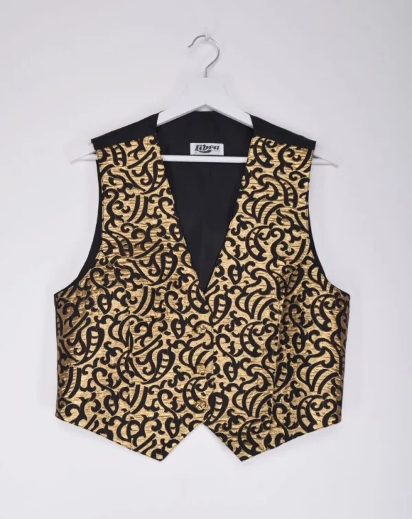 Front view of Gold Pattern Waistcoat - Elegant vintage fashion for rent from Circular Costume Ireland