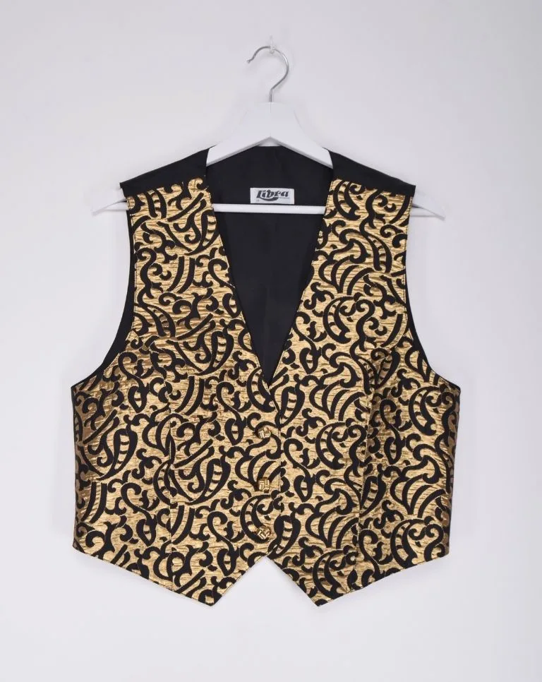 Front view of Gold Pattern Waistcoat - Elegant vintage fashion for rent from Circular Costume Ireland